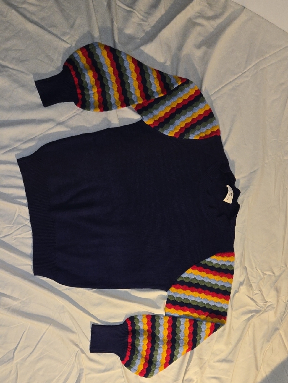 Navy Crewneck Sweater with Multicolor Stripe Sleeves